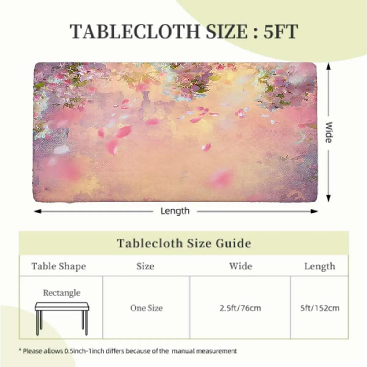 Light Pink Peach Tablecloth Elastic Edge Fitted Blossom Petals Field Floral Picture Tablecloth ?Suitable for Camping Party and Picnic Cherry Fits up 5 Foot Tables