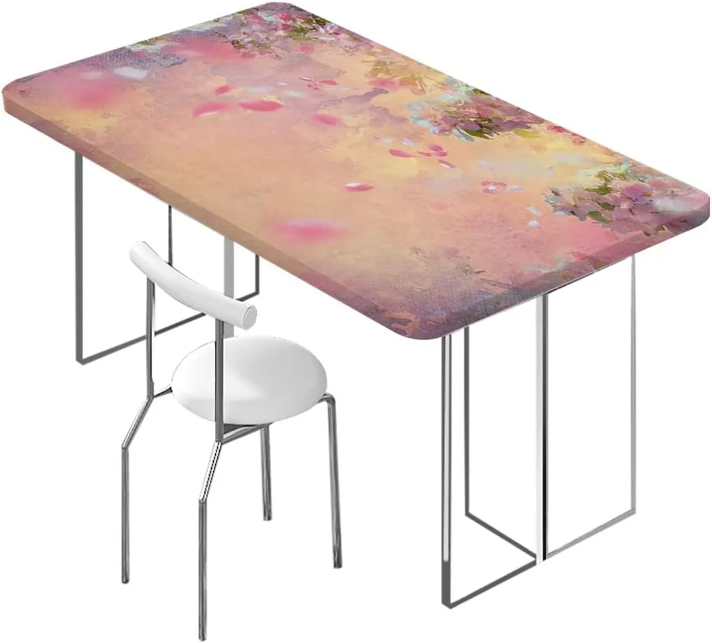 Light Pink Peach Tablecloth Elastic Edge Fitted Blossom Petals Field Floral Picture Tablecloth ?Suitable for Camping Party and Picnic Cherry Fits up 5 Foot Tables