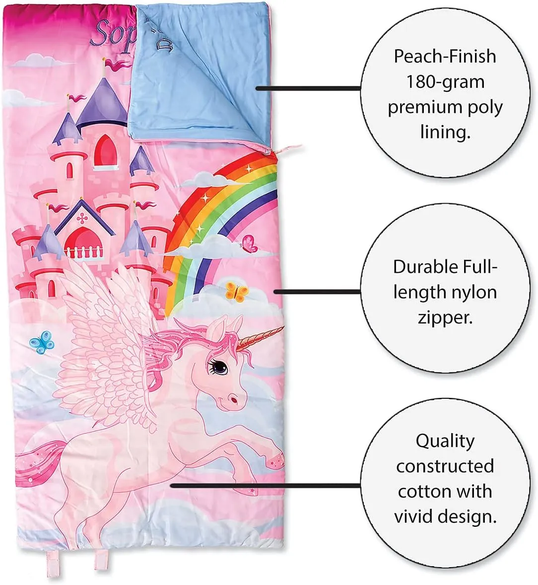 Lillian Vernon Personalized Indoor Sleeping Bag - Kids Sleepover & Napper Sleep Sack - Plush, Cute, & Cozy Cotton Poly Blend - Girls, Boys, & Toddler 30” x 60” Size