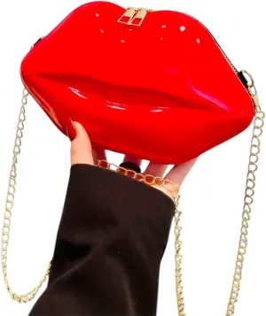 Lips Shaped Crossbody Handbag, Red Glossy Finish, Gold Chain Strap
