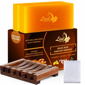 Live Healthy Kojic Acid Soap   Holder & Mesh Net (2 pack) Turmeric bars, Dark Spot Remover & Scars - Original Japanese Complex with Vitamin C & E, Hyaluronic Acid, Retinol, Shea butter - (Citrus)