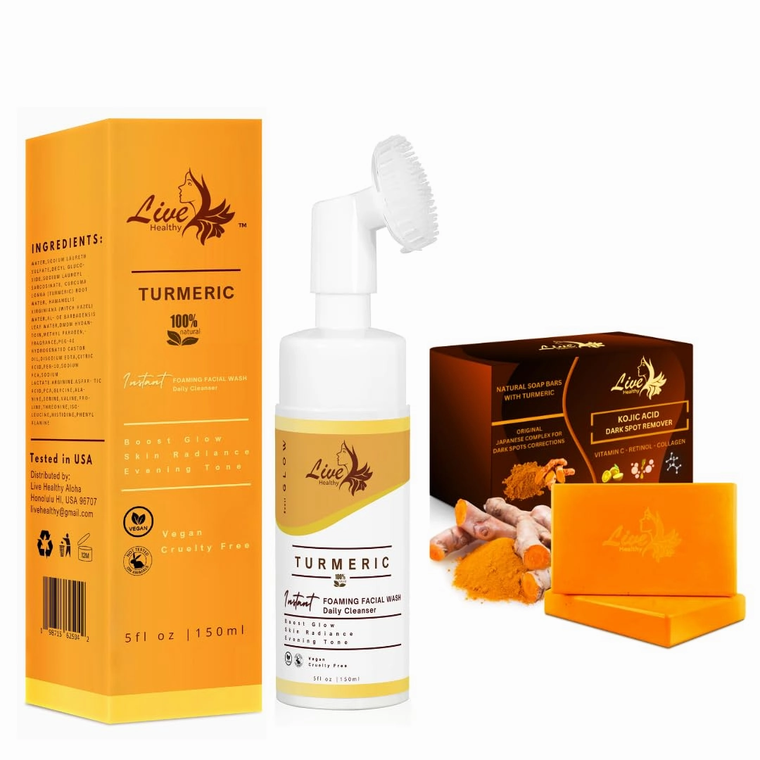 Live Healthy Turmeric Wash Wash 2 Piece Set Skincare, Turmeric Facial Cleanser & Turmeric Soap Bar, Face & Body Cleanser, Turmeric Face Wash, Natural & Deep Cleansing (bundle)