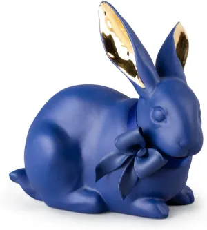 LLADRÓ Attentive Bunny. Blue-Gold. Porcelain Rabbit Figure.