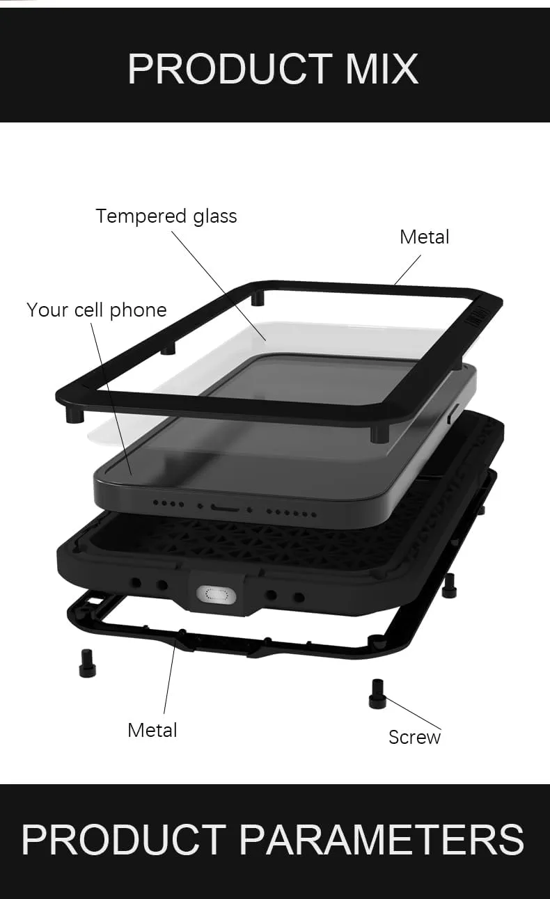 LOVE MEI for iPhone 16 Pro Max Case, Heavy Duty Rugged Full Body Protection Military Armor Bumper Aluminum Metal Dust/Shockproof Case with Tempered Glass (Black)