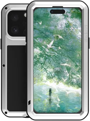 LOVE MEI for iPhone 16 Pro Max Case, Heavy Duty Rugged Full Body Protection Military Armor Bumper Aluminum Metal Dust/Shockproof Case with Tempered Glass (Silver)
