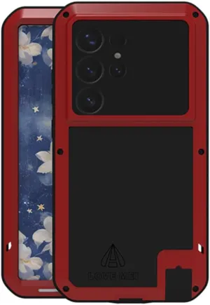 LOVE MEI for Samsung Galaxy S25 Ultra Case, Outdoor Heavy Duty Rugged Full Body Protection Case Military Armor Bumper Aluminum Metal Shockproof Case with Tempered Glass for Galaxy S25 Ultra (Red)