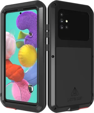 LOVE MEI Galaxy A51 Metal Military Rugged Silicone Case [Built-in Screen Protection Tempered ] Full Body Heavy Duty Hybrid Shockproof Armor Impact Drop Protection Case for Samsung Galaxy A51(Black)