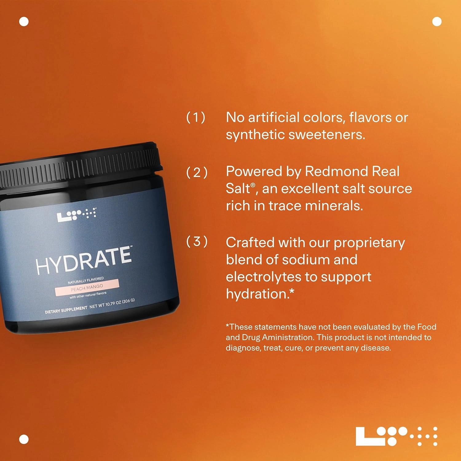 LTH Hydrate Hydration Mix - NSF Certified for Sport - Premium Electrolyte Powder - with Redmond Real Salt - Plant-Based, Non-GMO, Gluten Free & Dairy Free - 60 Servings (Peach Mango)