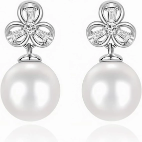 Lucky Clover Silver Pearl Earrings S925 Sterling silver Advanced cultured freshwater pearl s925 silver platinum-plated (S925 silver plated platinum) (S925 silver plated platinum)