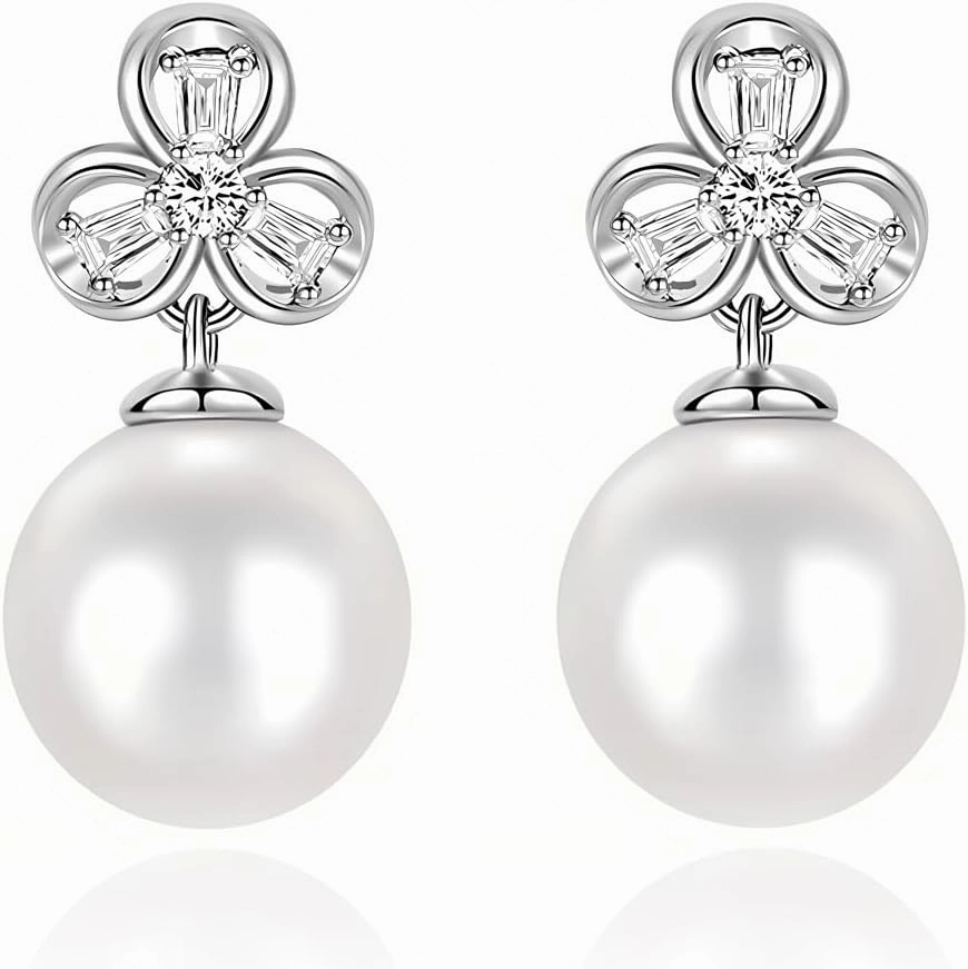 Lucky Clover Silver Pearl Earrings S925 Sterling silver Advanced cultured freshwater pearl s925 silver platinum-plated (S925 silver plated platinum) (S925 silver plated platinum)