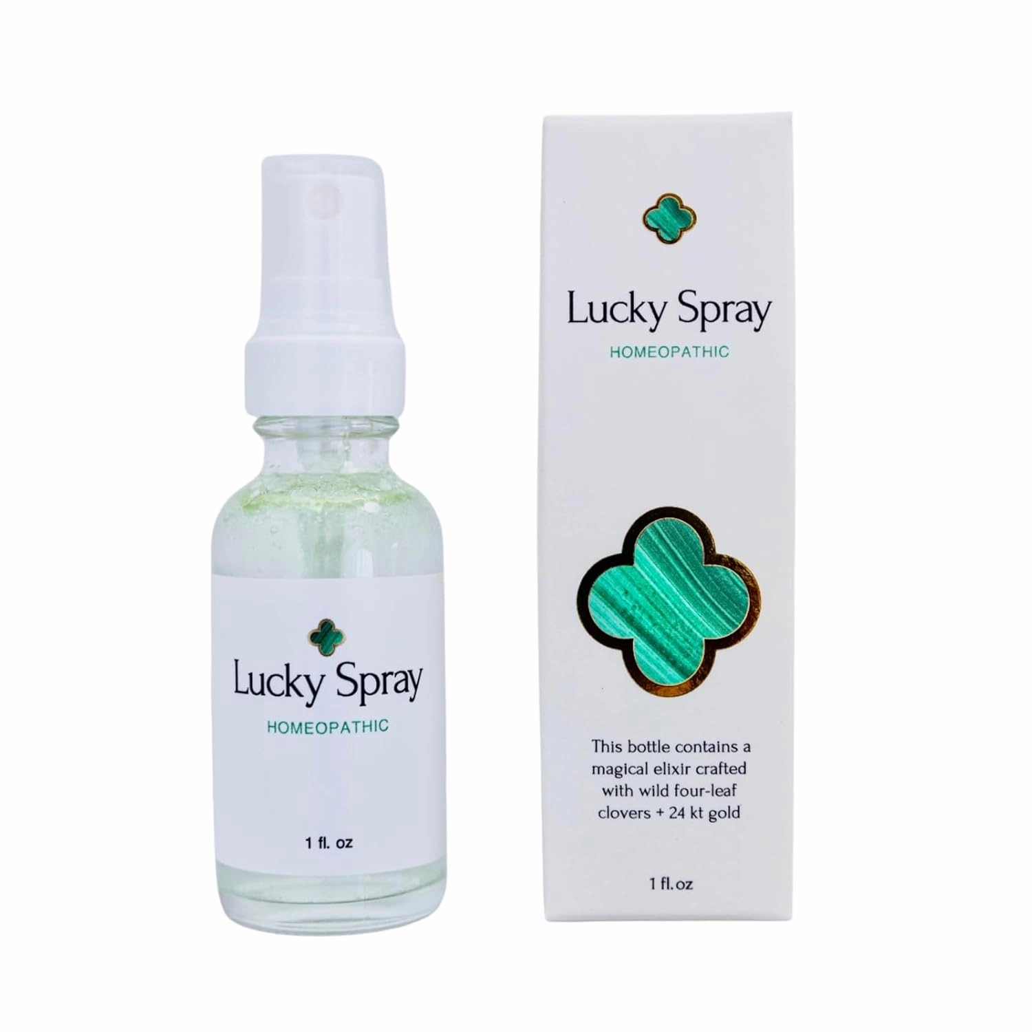 Lucky Spray Four Leaf Clover Magic Elixir Mist Hand-drawn Spring Water, Wild Four Leaf Clovers, Organic Lime Essential Oil, 24 kt Gold Powder Liquid Good Luck Charm Refreshing Spritz 1oz