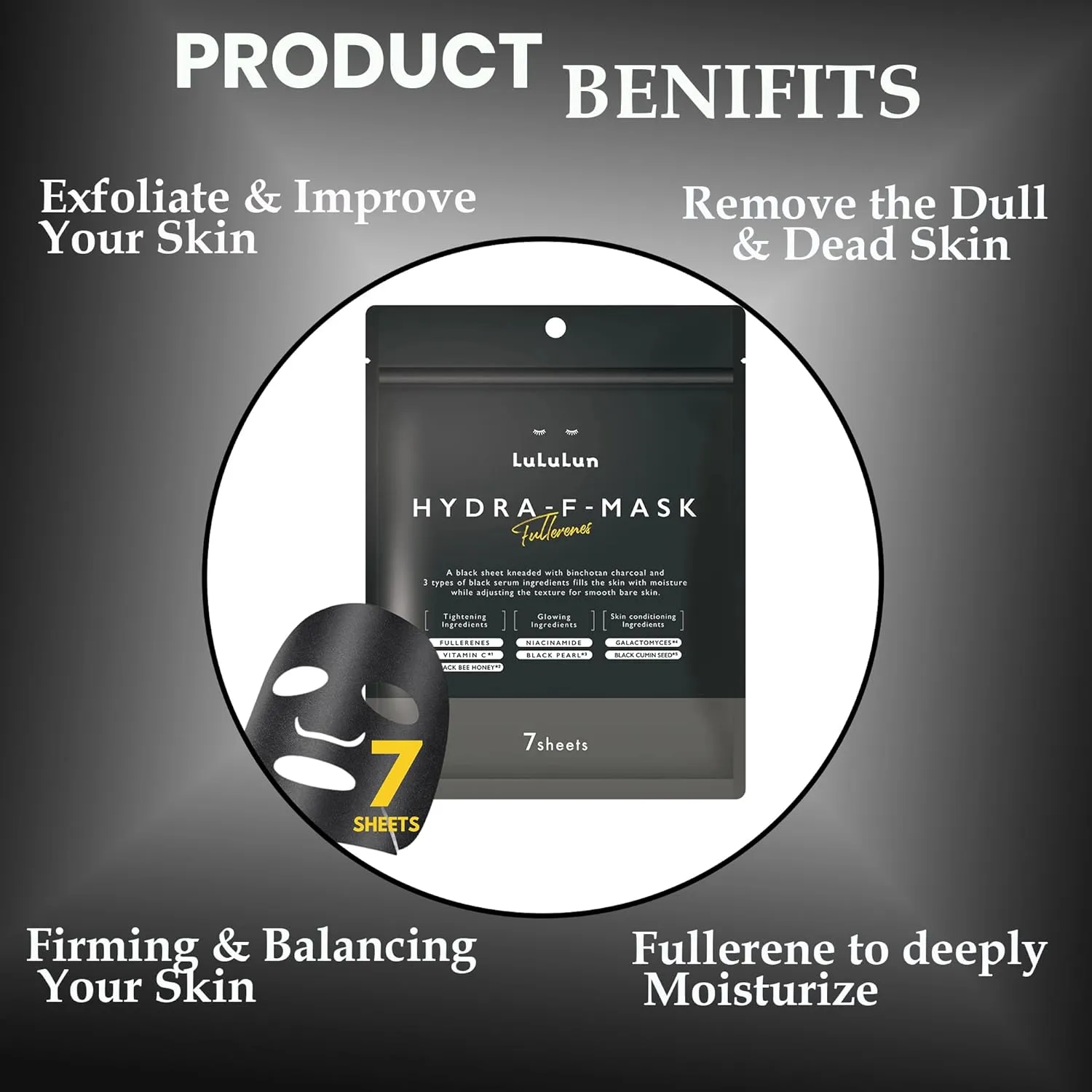 Lululun 21EA Exfoliating Facial Mask Sheet for Pore Cleaning Women & Men, Tightening Face Mask Sheets with Charcoal, Black Peal, Honey& Cummins Seed, Japanese Skin Firming Face Masks Skincare, HYDRA-F