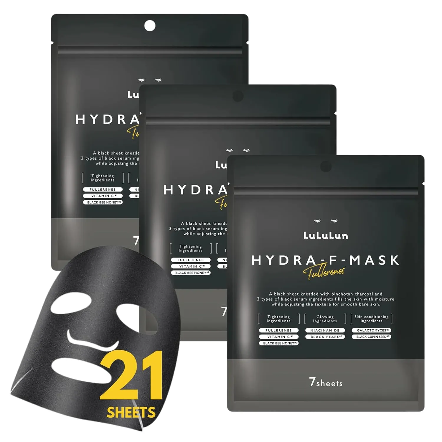 Lululun 21EA Exfoliating Facial Mask Sheet for Pore Cleaning Women & Men, Tightening Face Mask Sheets with Charcoal, Black Peal, Honey& Cummins Seed, Japanese Skin Firming Face Masks Skincare, HYDRA-F