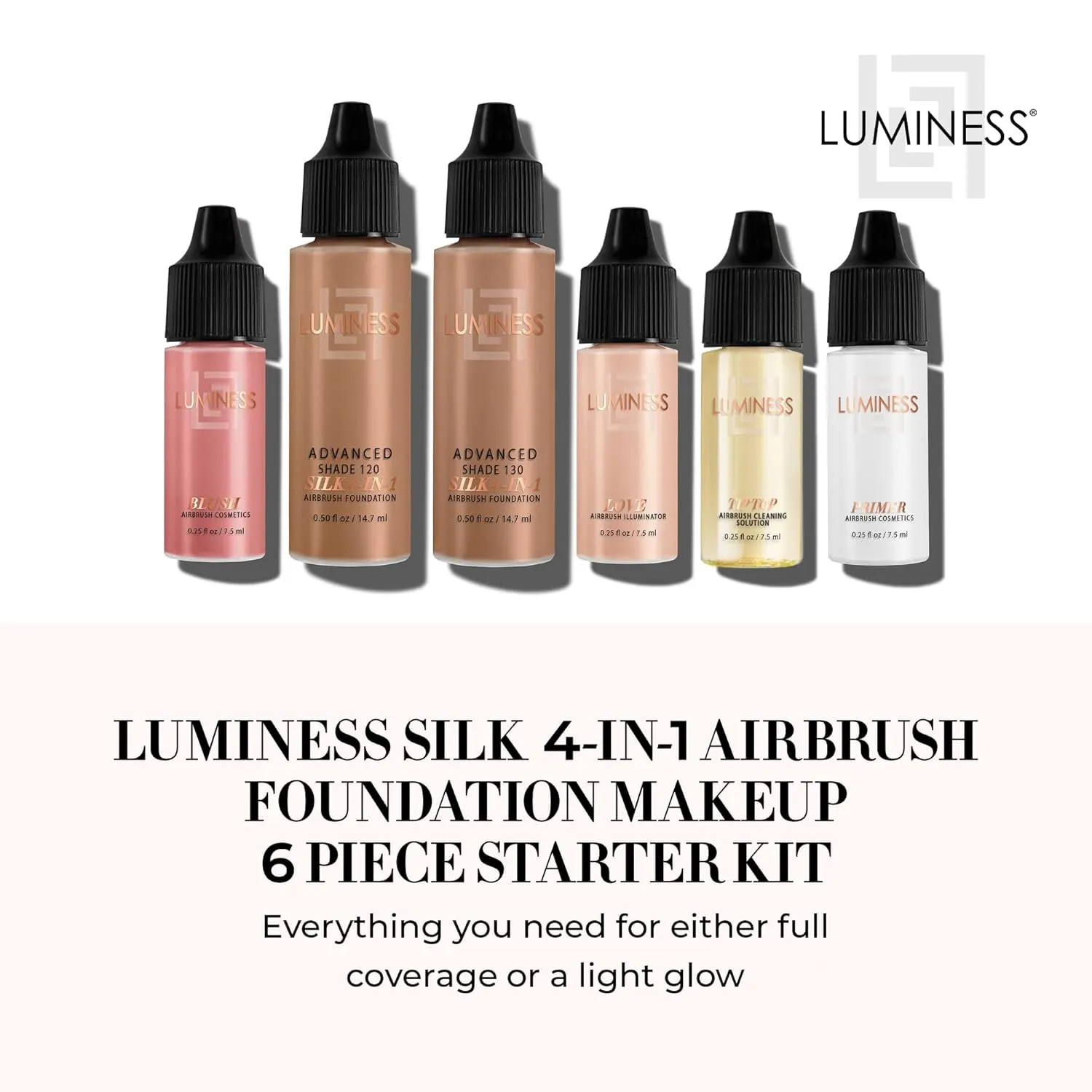 Luminess Silk 4-in-1 Airbrush Foundation Makeup Starter Kit - Deep Coverage, 6-piece - Includes 2x Silk Airbrush Foundation, Blush, Glow Highlighter, Moisturizer Primer & Airbrush Cleaning Solution