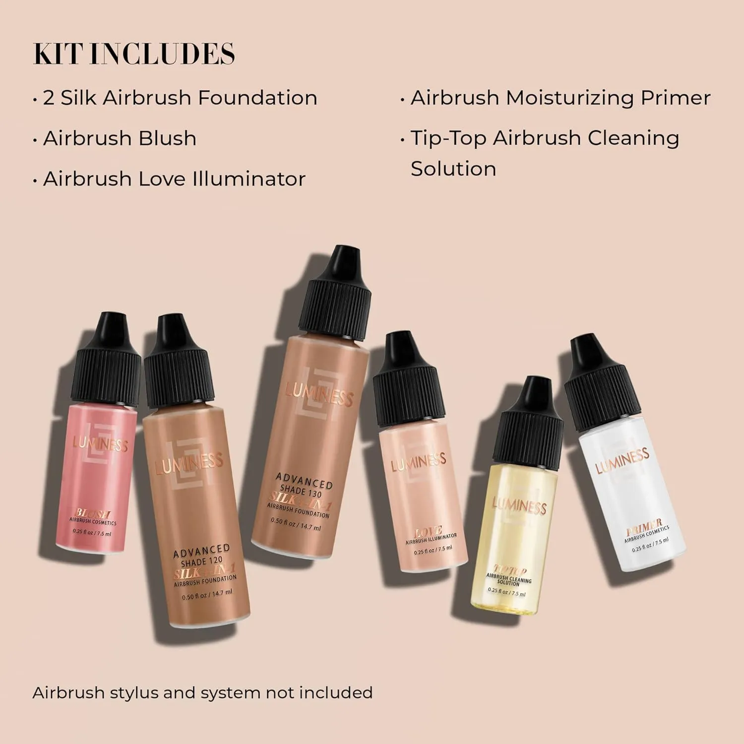Luminess Silk 4-in-1 Airbrush Foundation Makeup Starter Kit - Deep Coverage, 6-piece - Includes 2x Silk Airbrush Foundation, Blush, Glow Highlighter, Moisturizer Primer & Airbrush Cleaning Solution