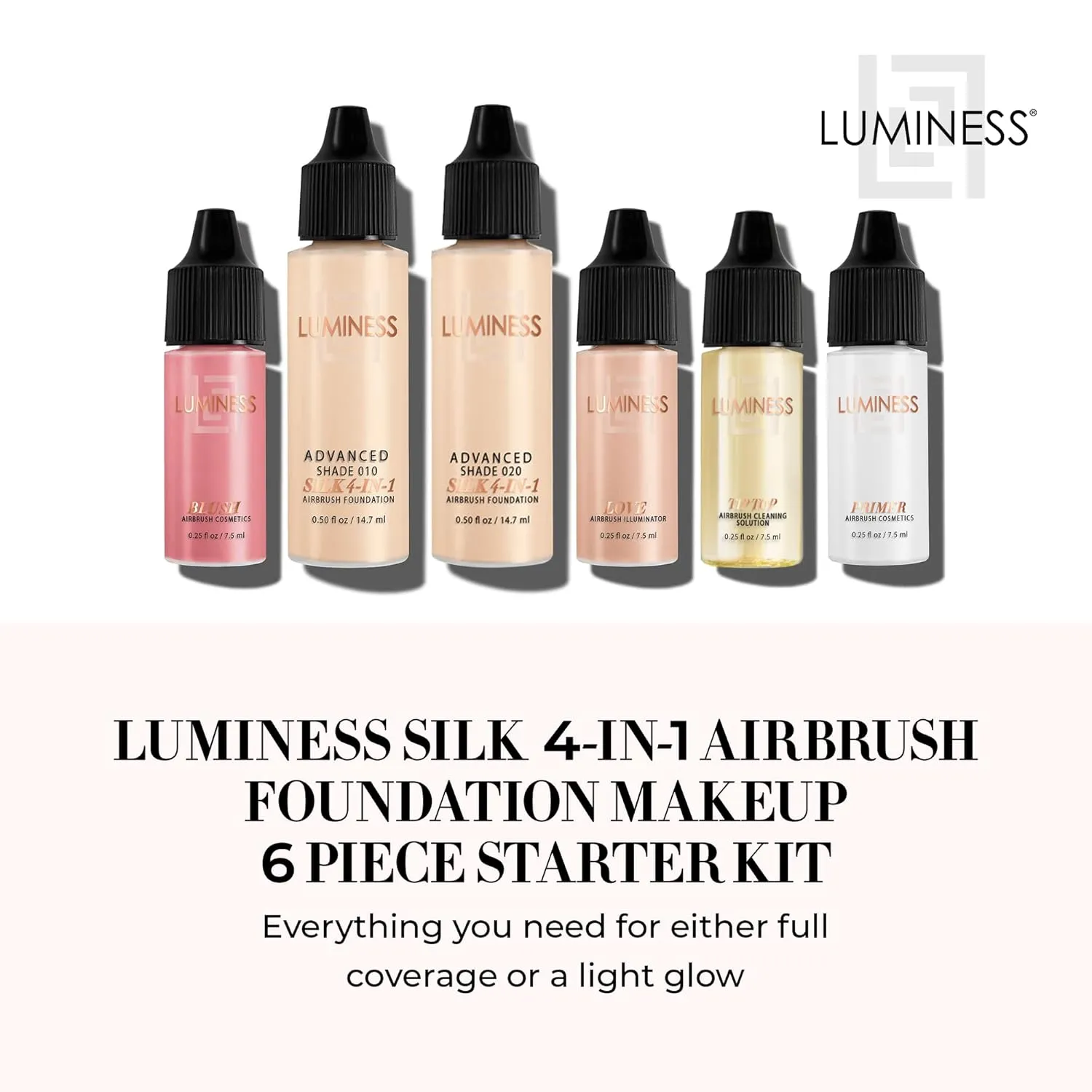Luminess Silk 4-in-1 Airbrush Foundation Makeup Starter Kit - Fair Coverage, 6-piece - Includes 2x Silk Airbrush Foundation, Blush, Glow Highlighter, Moisturizer Primer & Airbrush Cleaning Solution
