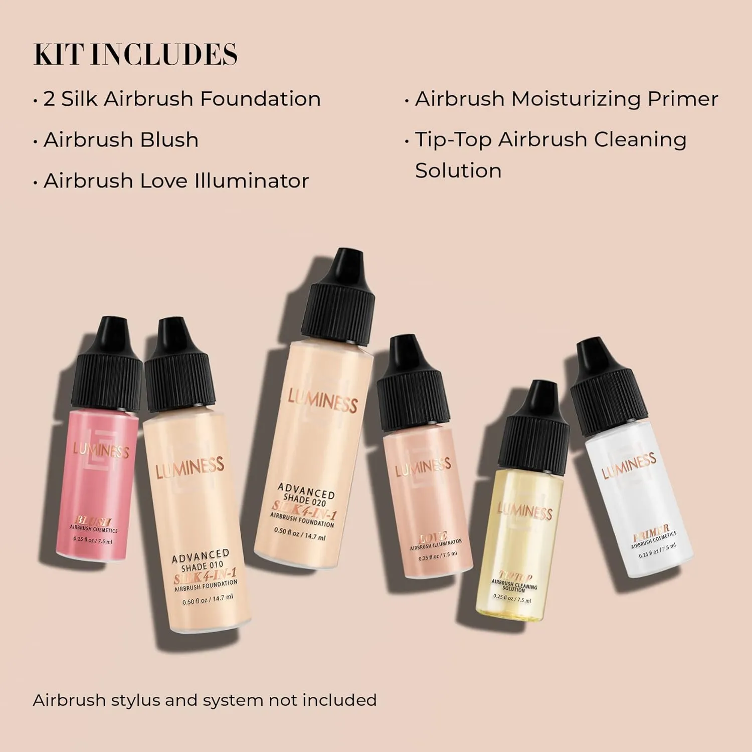 Luminess Silk 4-in-1 Airbrush Foundation Makeup Starter Kit - Fair Coverage, 6-piece - Includes 2x Silk Airbrush Foundation, Blush, Glow Highlighter, Moisturizer Primer & Airbrush Cleaning Solution