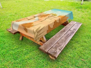 Lunarable Wilderness Outdoor Tablecloth, Desert Cactus Mountain Trees Cartoon Style Arizona Landscape, Decorative Washable Picnic Table Cloth, 58" X 104", Marigold Peach and Pale Blue