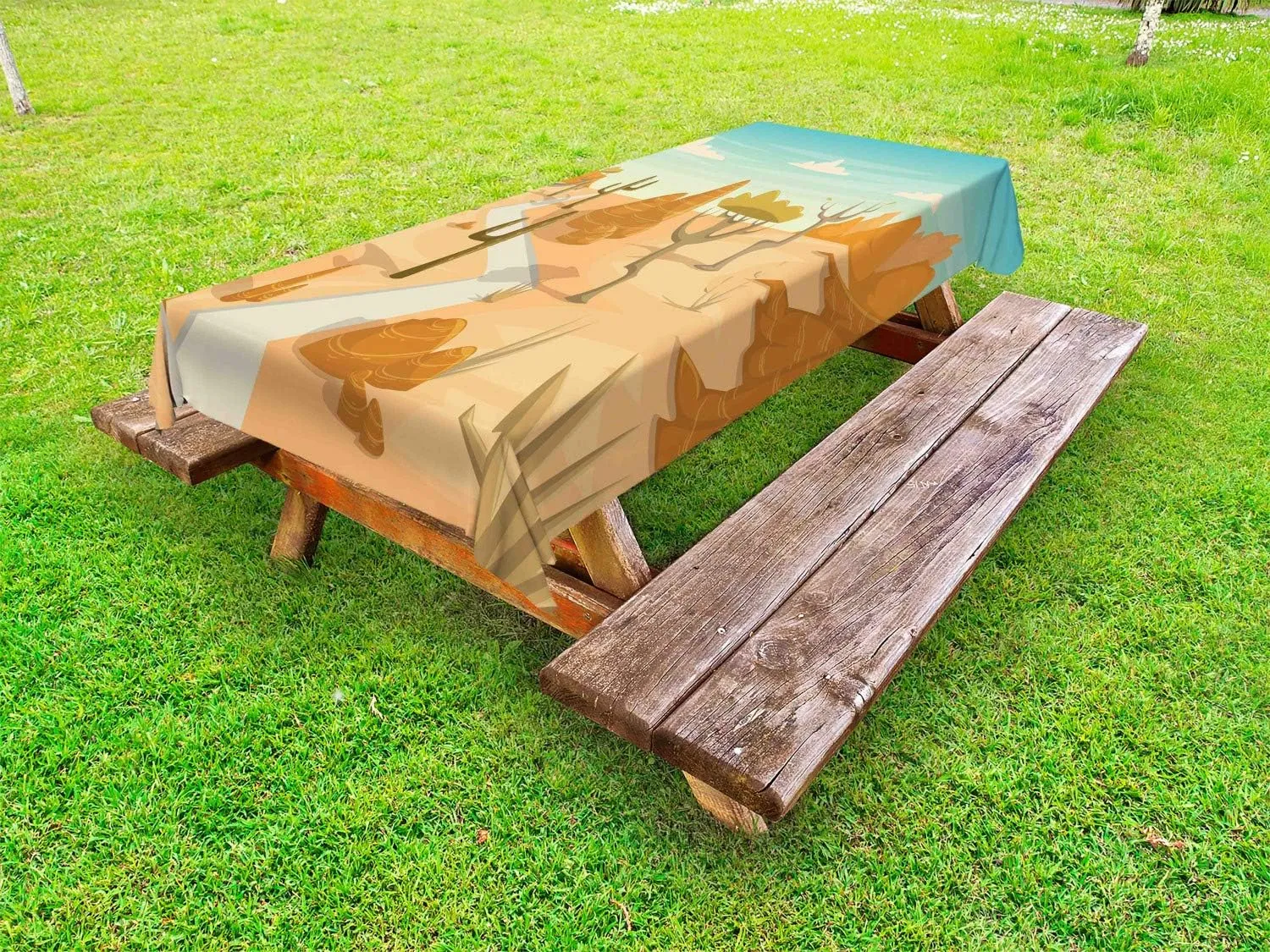 Lunarable Wilderness Outdoor Tablecloth, Desert Cactus Mountain Trees Cartoon Style Arizona Landscape, Decorative Washable Picnic Table Cloth, 58" X 120", Marigold Peach and Pale Blue