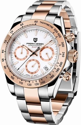 Luxury Men’s Quartz Watch VK63 Japan Movement Stainless Steel Waterproof Wrist Watch Chronograph Sports Business Stopwatch (Gold White)