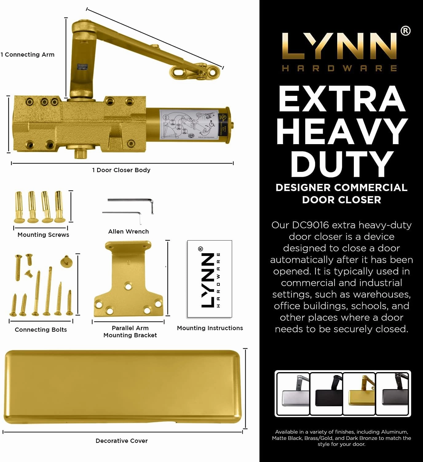 LYNN HARDWARE Extra Heavy Duty Commercial Door Closer, DC9016 Automatic, Surface-Mounted, Size 1-6, Heavy Traffic Areas, Brass/Gold