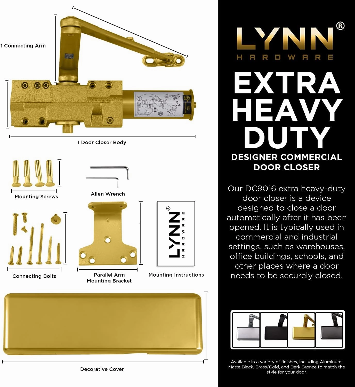 LYNN HARDWARE Extra Heavy Duty Commercial Door Closer, DC9016 Automatic, Surface-Mounted, Size 1-6, Heavy Traffic Areas, Brass/Gold