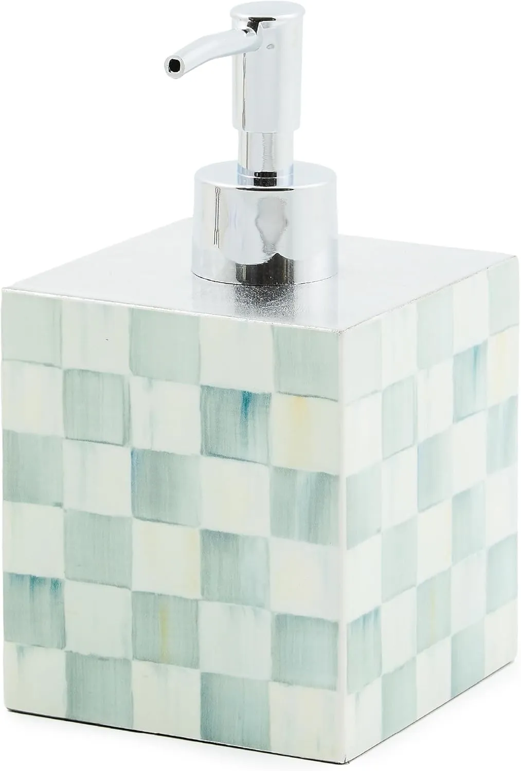 MACKENZIE-CHILDS Lacquer Soap Pump Dispenser, Decorative Liquid-Soap Dispenser for Bathroom or Kitchen, Gray-and-White Sterling Check