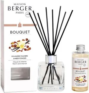 MAISON BERGER - Reed Diffuser Clear Glass Scented Bouquet - 8 Black Reed Sticks (8.3 inches) - Includes 100 Milliliters (3.4 Fluid Ounces) Fragrance Refill (Amber Powder)
