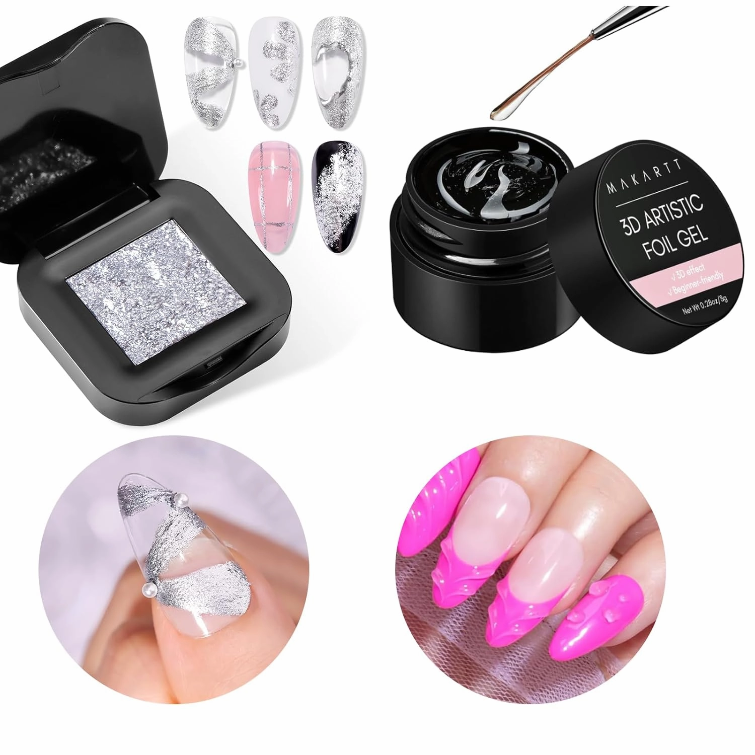 Makartt 3D Nail Gel: 8 ml Nail Foil Glue Bundle with 3D Nail Gel: Sculpting Gel for Nail Art, No Wipe UV Nail Gel, Silver Fairy Aurora Powder Gel