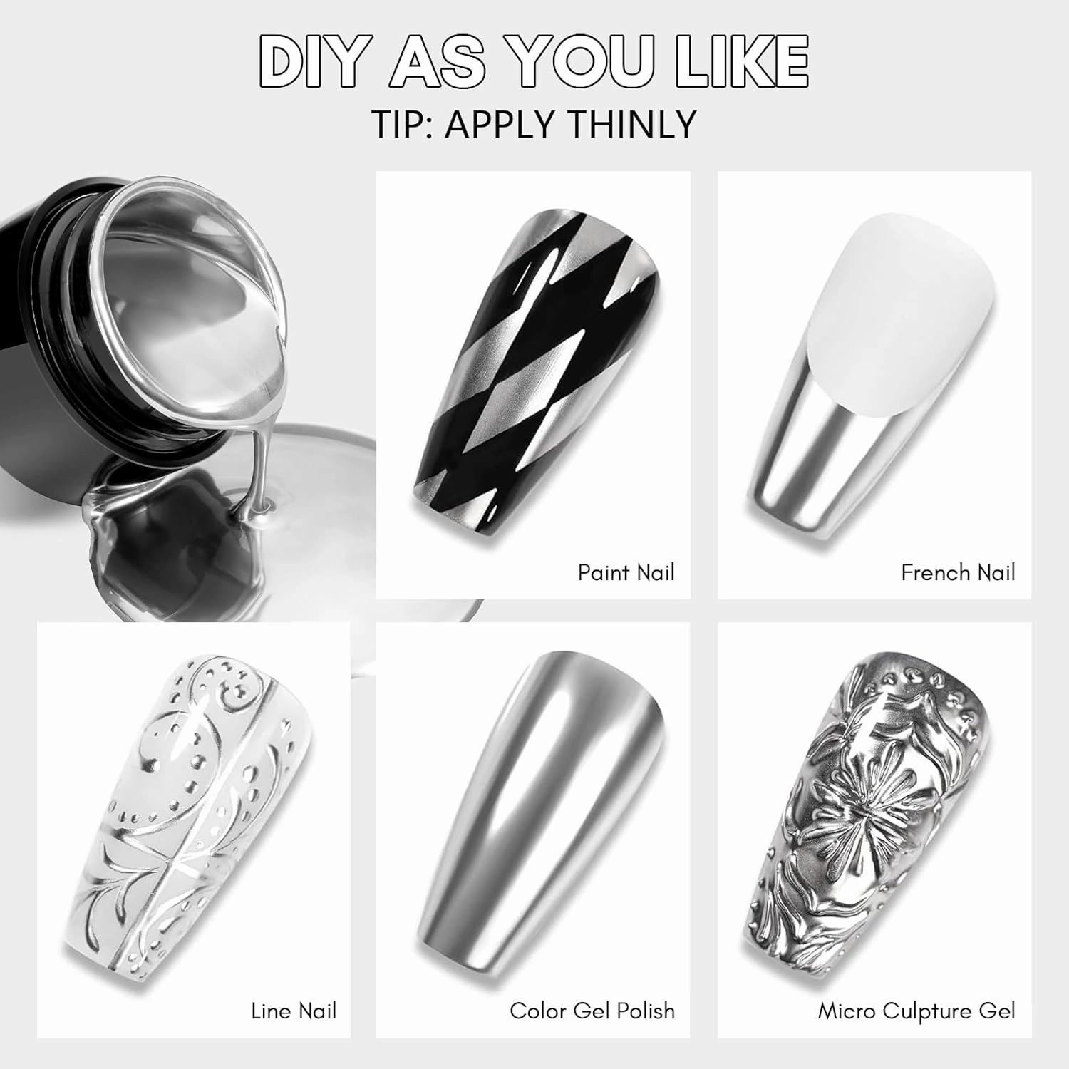 Makartt Nail Rhinestone Glue with Chrome Gel Kit, Super Strong Glue with Silver Metallic Painting Gel Polish Set for 3D Nails Art Decoration Manicure(30ML 8ML)
