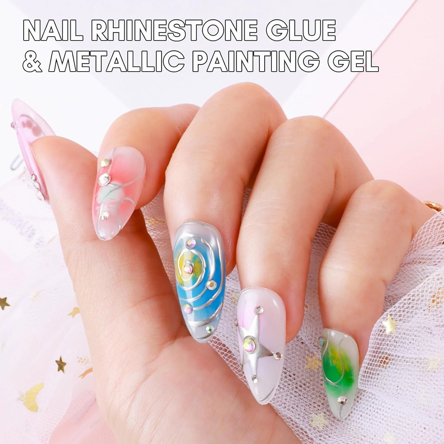 Makartt Nail Rhinestone Glue with Chrome Gel Kit, Super Strong Glue with Silver Metallic Painting Gel Polish Set for 3D Nails Art Decoration Manicure(30ML 8ML)