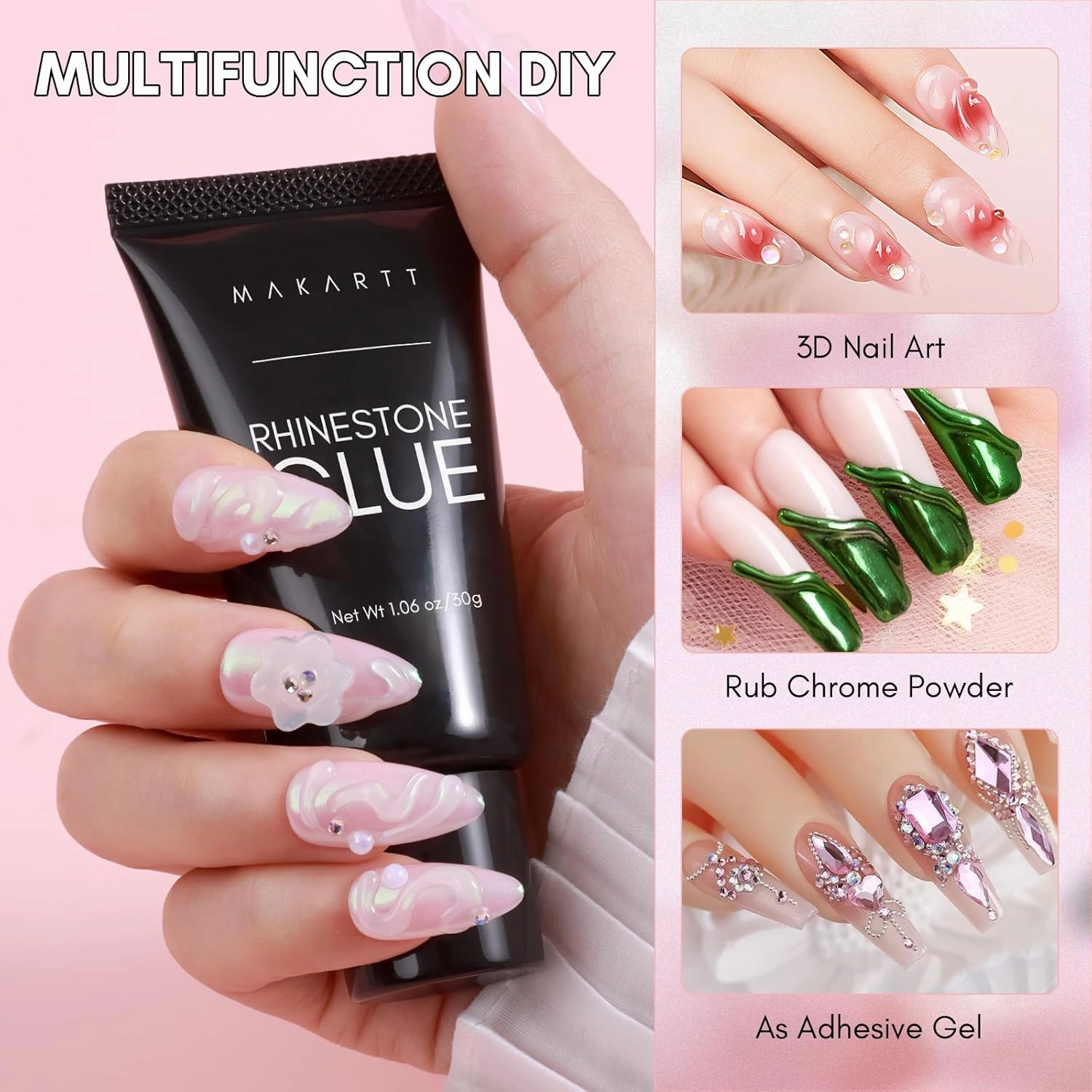 Makartt Nail Rhinestone Glue with Chrome Gel Kit, Super Strong Glue with Silver Metallic Painting Gel Polish Set for 3D Nails Art Decoration Manicure(30ML 8ML)