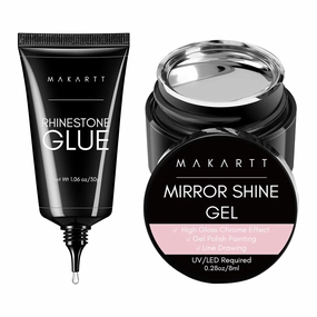 Makartt Nail Rhinestone Glue with Chrome Gel Kit, Super Strong Glue with Silver Metallic Painting Gel Polish Set for 3D Nails Art Decoration Manicure(30ML 8ML)