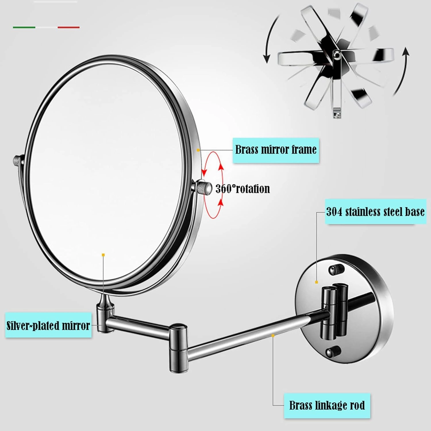 Makeup Mirror Wall Mounted Magnification, Portable Cosmetic Mirror, Detachable Adjustable 360 Degree Rotation, for Tweezing, Grooming Brows, Eye Makeup