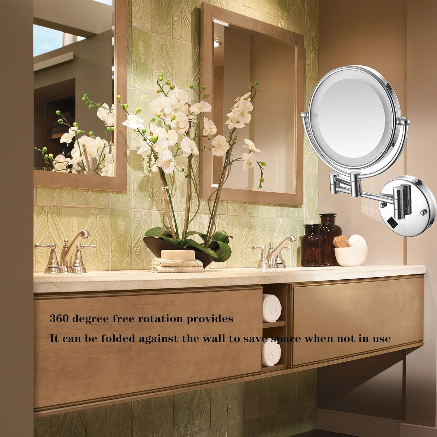 Makeup Mirror Wall Mounted, Makeup Mirror with LED Lights, 3X/5X/7X/10X Magnifying Makeup Mirror, 360° Swivel Cosmetic Mirror, Bathroom Shaving Vanity Mirror (Gold Plug 3X)
