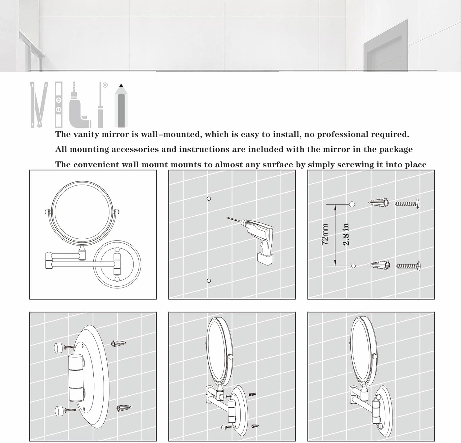Makeup Mirror Wall Mounted, Makeup Mirror with LED Lights, 3X/5X/7X/10X Magnifying Makeup Mirror, 360° Swivel Cosmetic Mirror, Bathroom Shaving Vanity Mirror (Gold Plug 3X)