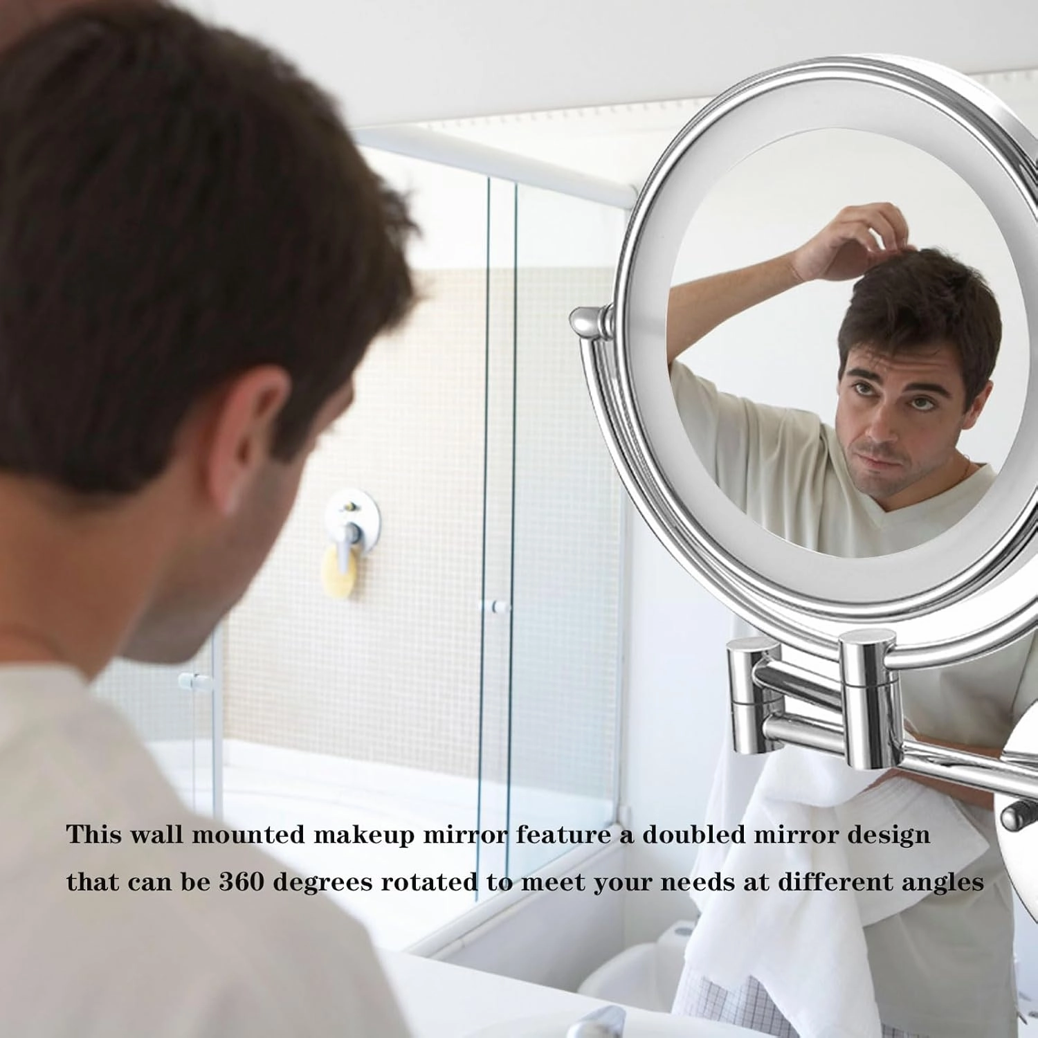 Makeup Mirror Wall Mounted, Makeup Mirror with LED Lights, 3X/5X/7X/10X Magnifying Makeup Mirror, 360° Swivel Cosmetic Mirror, Bathroom Shaving Vanity Mirror (Gold Plug 3X)