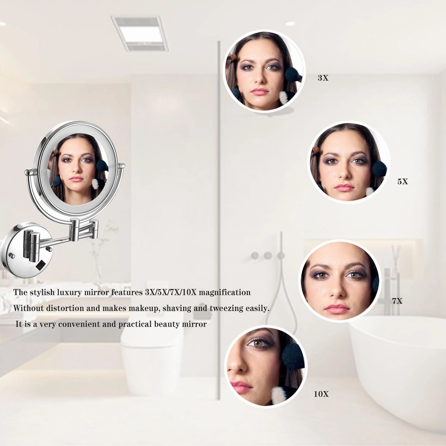 Makeup Mirror Wall Mounted, Makeup Mirror with LED Lights, 3X/5X/7X/10X Magnifying Makeup Mirror, 360° Swivel Cosmetic Mirror, Bathroom Shaving Vanity Mirror (Gold Plug 3X)