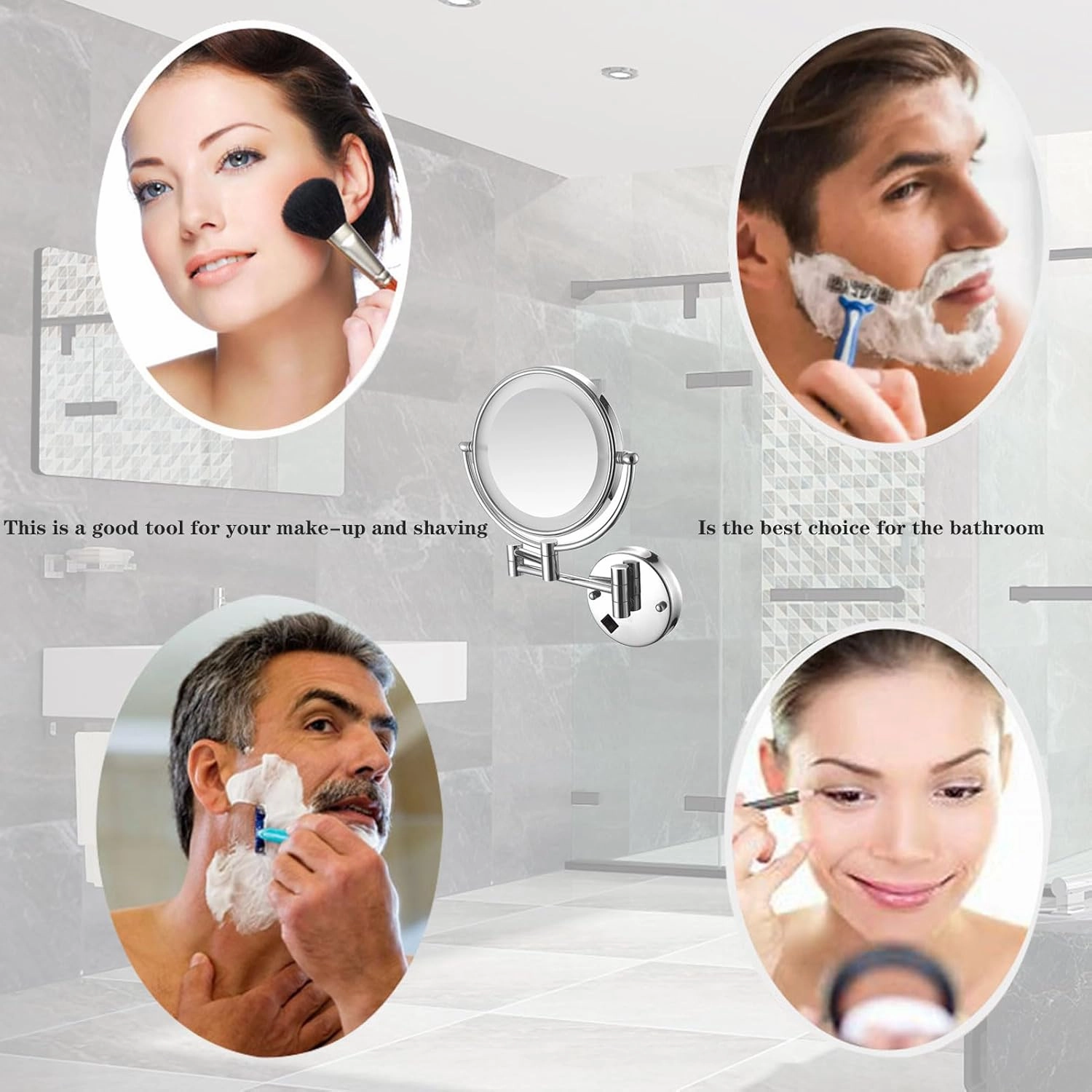 Makeup Mirror Wall Mounted, Makeup Mirror with LED Lights, 3X/5X/7X/10X Magnifying Makeup Mirror, 360° Swivel Cosmetic Mirror, Bathroom Shaving Vanity Mirror (Gold Plug 3X)
