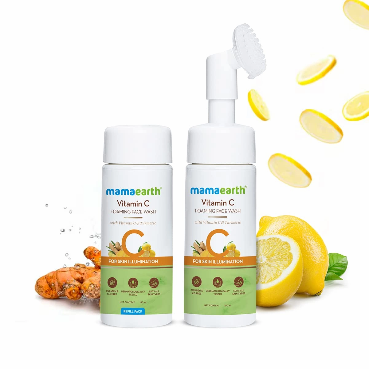 MAMAEARTH Vitamin C Foaming Face Wash with in-Built Brush | Skin Illumination with Turmeric | Gentle & Hydrating Dead Skin Exfoliator | 5.07 Fl Oz (150ml   150 ml of Refill Pack)