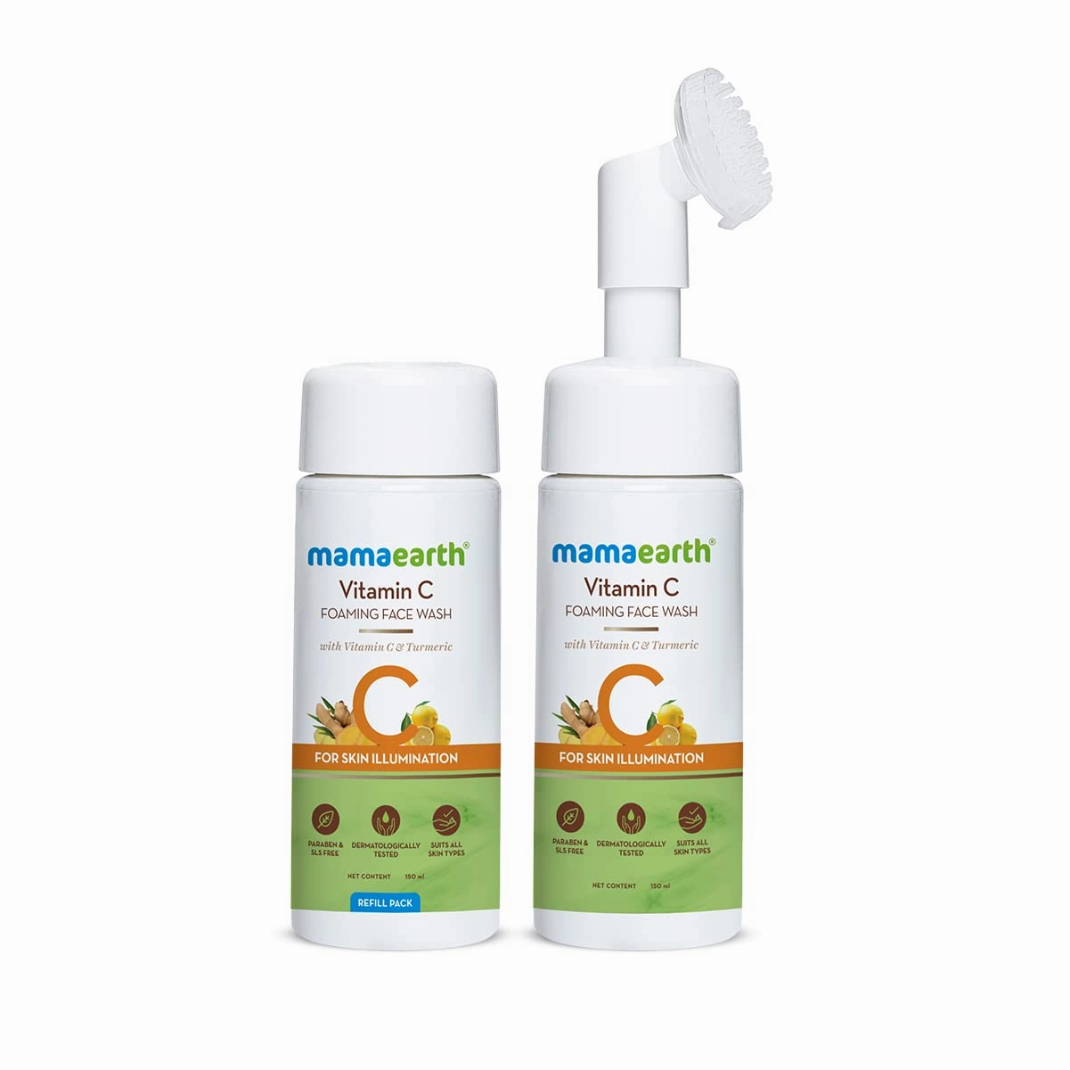 MAMAEARTH Vitamin C Foaming Face Wash with in-Built Brush | Skin Illumination with Turmeric | Gentle & Hydrating Dead Skin Exfoliator | 5.07 Fl Oz (150ml   150 ml of Refill Pack)
