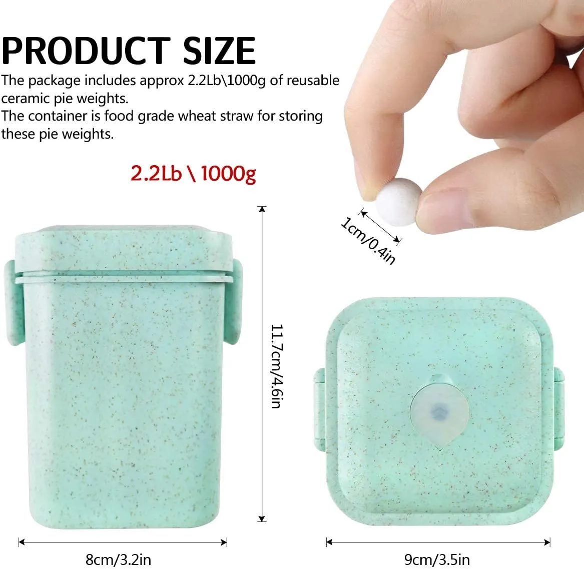 M&C Music Color Ceramic Baking Beads Pie Weights Reusable 10mm Natural Pie Beads Ceramic Stoneware with Wheat Straw Container 35 Oz Total (2.2Lb|1000g) (Green)