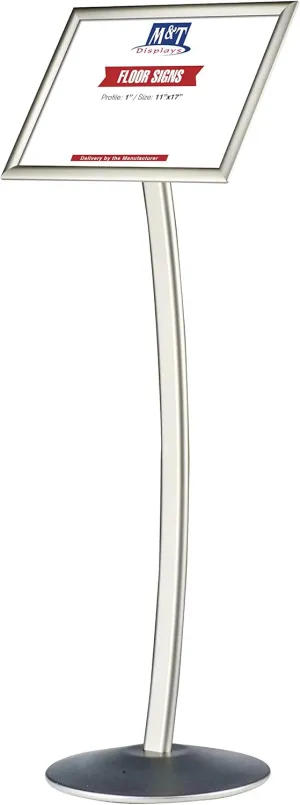 M&T Displays Curved Menu Board, 11x17 inch Silver Pedestal Sign Holder Floor Standing Aluminum Front Loading Easy Open Poster Message Advertisement Holder for Restaurant Cafe Hotel