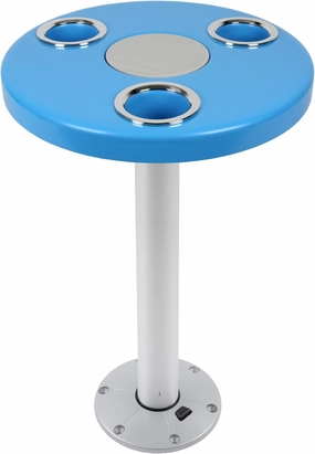 Manufacturers' Select ITC Round Boat Table w/Cypress Table Leg for Pontoon, Dock, or Deck Boat – Fun, Bright Colored Tabletop with 3 Extra-Large Drink Holders (Aqua Blue Table w/Silver Leg)
