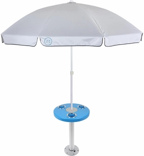 Manufacturers' Select ITC Round Boat Table with Umbrella and Table Leg for Pontoon, Dock, or Deck Boat – Fun Bright Colored Tabletop with 3 Extra-Large Drink Holders (Aqua Blue w/Silver Leg)