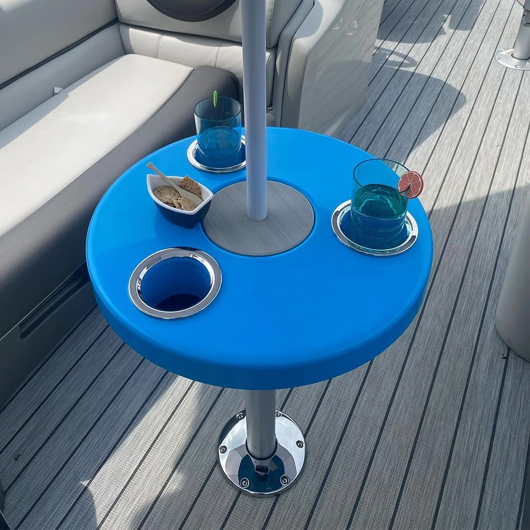Manufacturers' Select ITC Round Boat Table with Umbrella and Table Leg for Pontoon, Dock, or Deck Boat – Fun Bright Colored Tabletop with 3 Extra-Large Drink Holders (Aqua Blue w/Silver Leg)