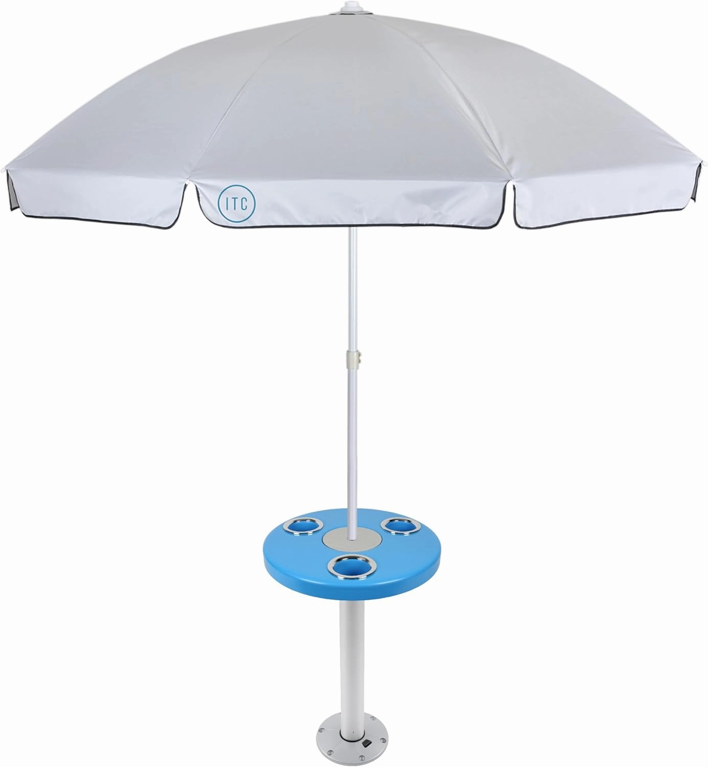 Manufacturers' Select ITC Round Boat Table with Umbrella and Table Leg for Pontoon, Dock, or Deck Boat – Fun Bright Colored Tabletop with 3 Extra-Large Drink Holders (Aqua Blue w/Silver Leg)
