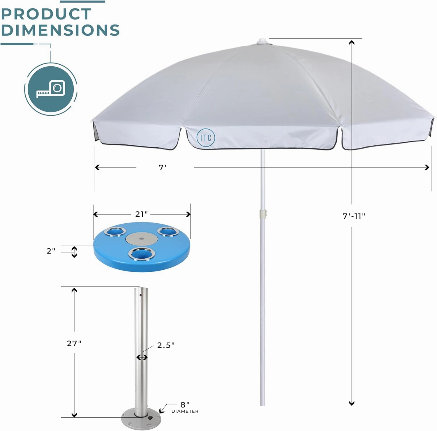 Manufacturers' Select ITC Round Boat Table with Umbrella and Table Leg for Pontoon, Dock, or Deck Boat – Fun Bright Colored Tabletop with 3 Extra-Large Drink Holders (Aqua Blue w/Silver Leg)