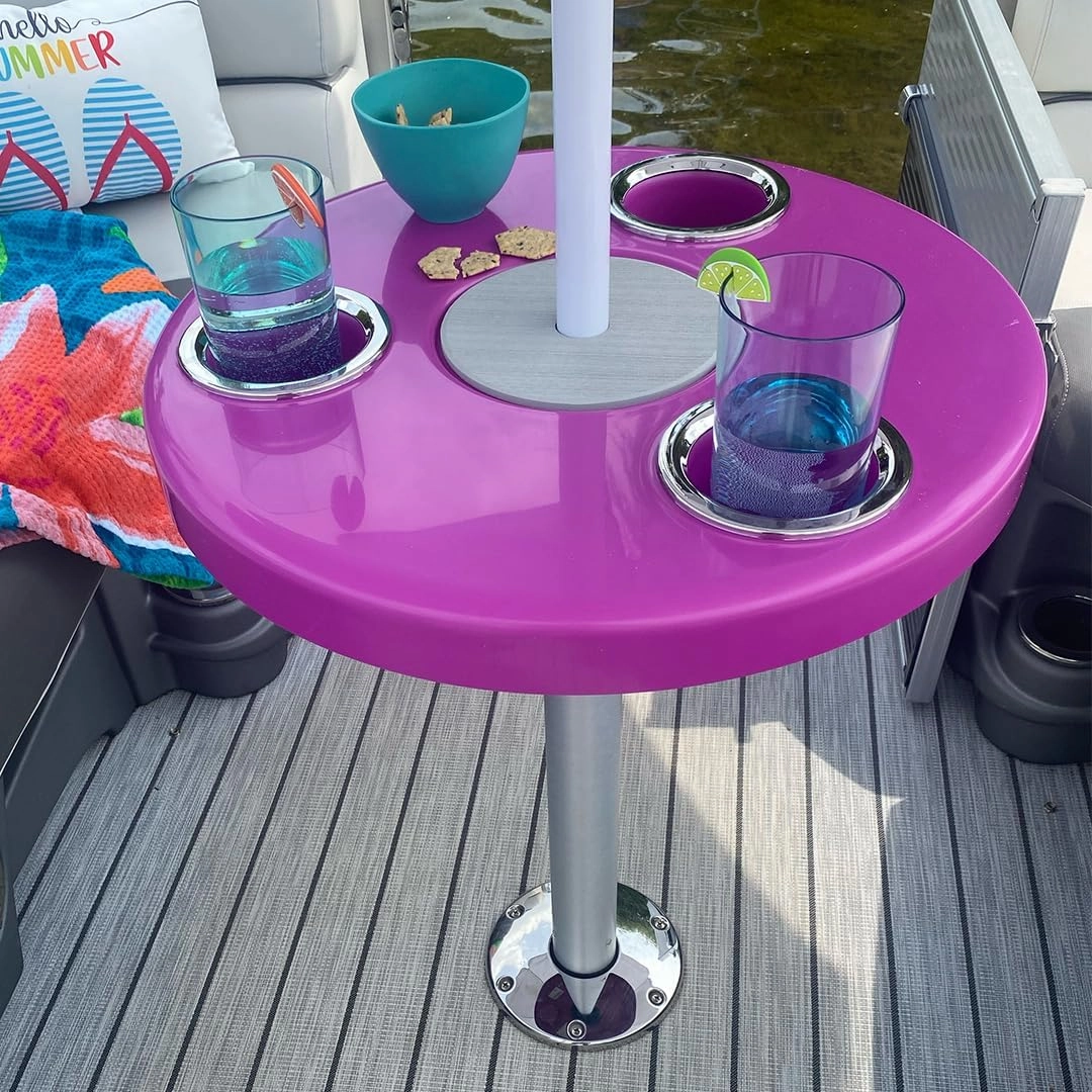 Manufacturers' Select ITC Round Boat Table with Umbrella and Table Leg for Pontoon, Dock, or Deck Boat – Fun Bright Colored Tabletop with 3 Extra-Large Drink Holders (Magenta Pink w/Silver Leg)