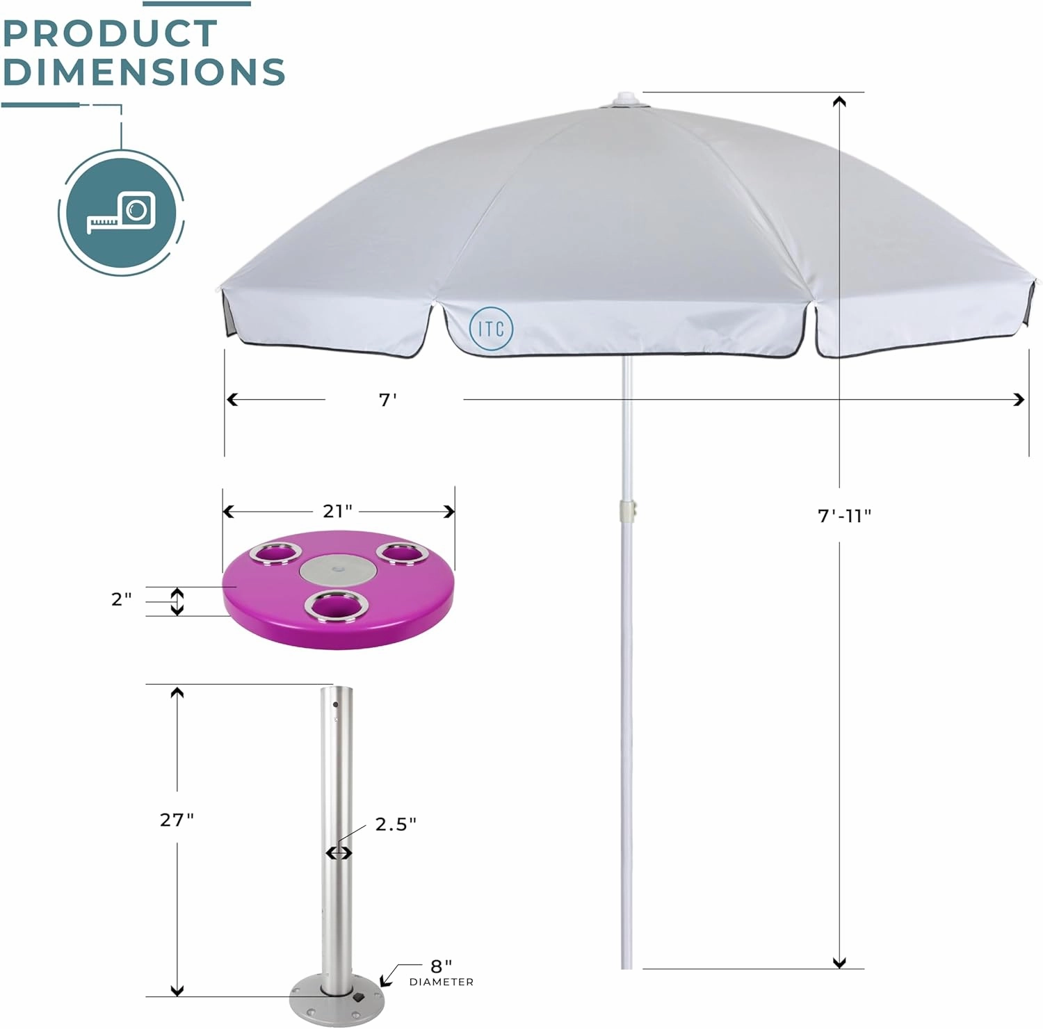 Manufacturers' Select ITC Round Boat Table with Umbrella and Table Leg for Pontoon, Dock, or Deck Boat – Fun Bright Colored Tabletop with 3 Extra-Large Drink Holders (Magenta Pink w/Silver Leg)